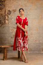Red Floral Pure Cotton Midi Dress