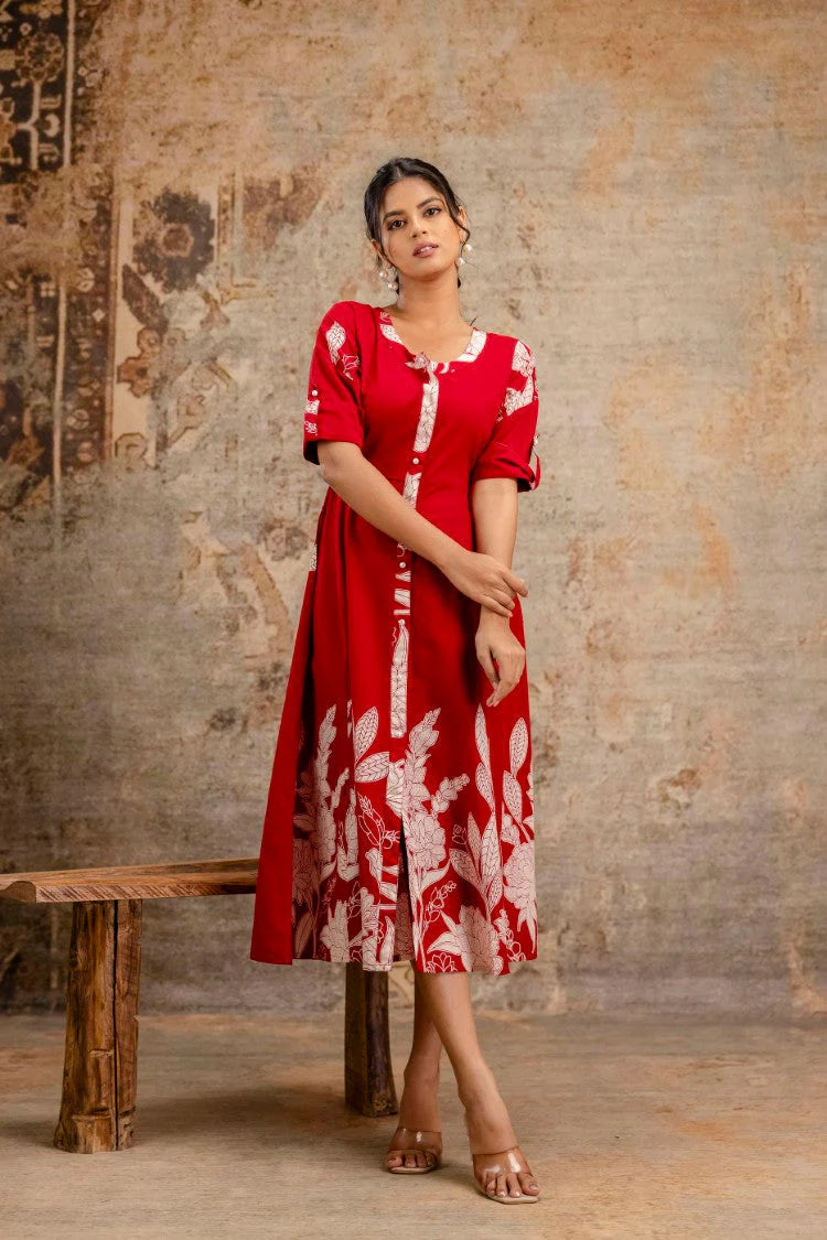 Red Floral Pure Cotton Midi Dress