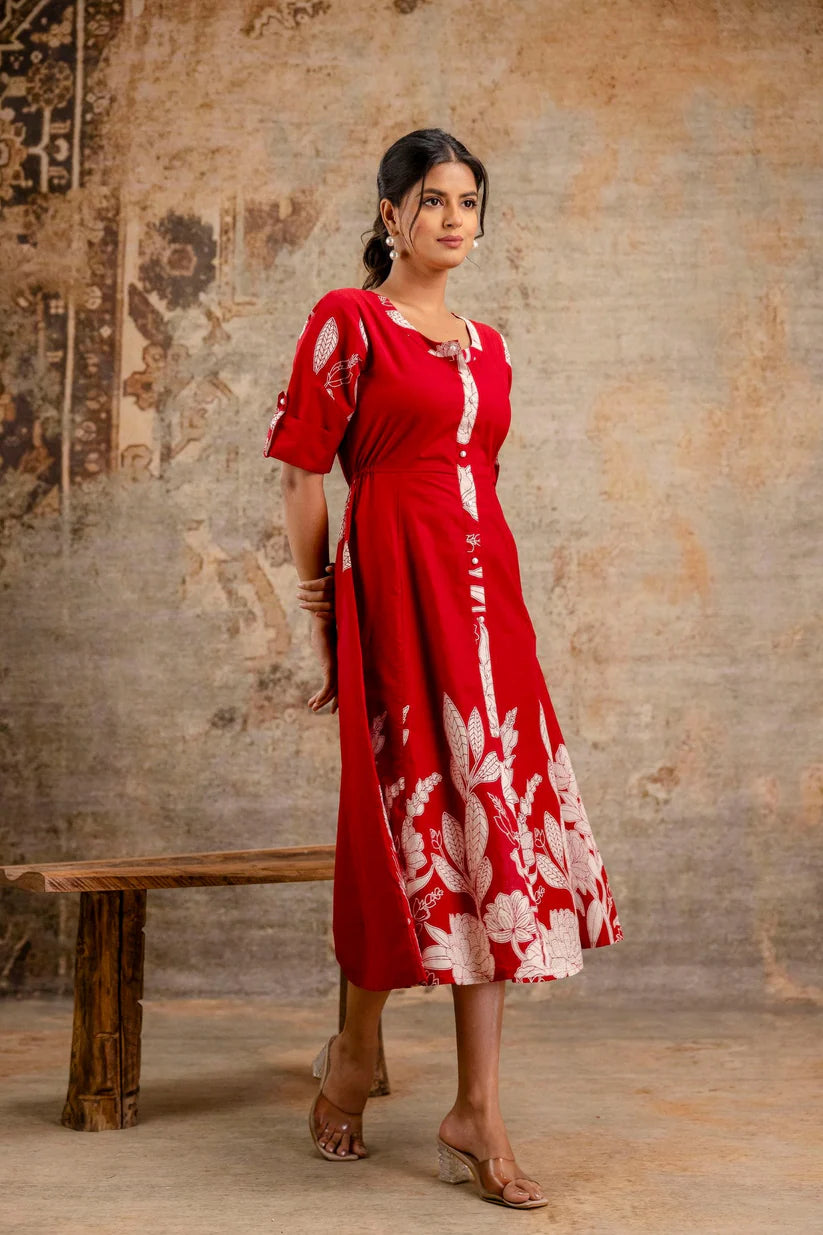 Red Floral Pure Cotton Midi Dress