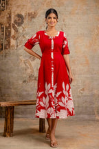 Red Floral Pure Cotton Midi Dress