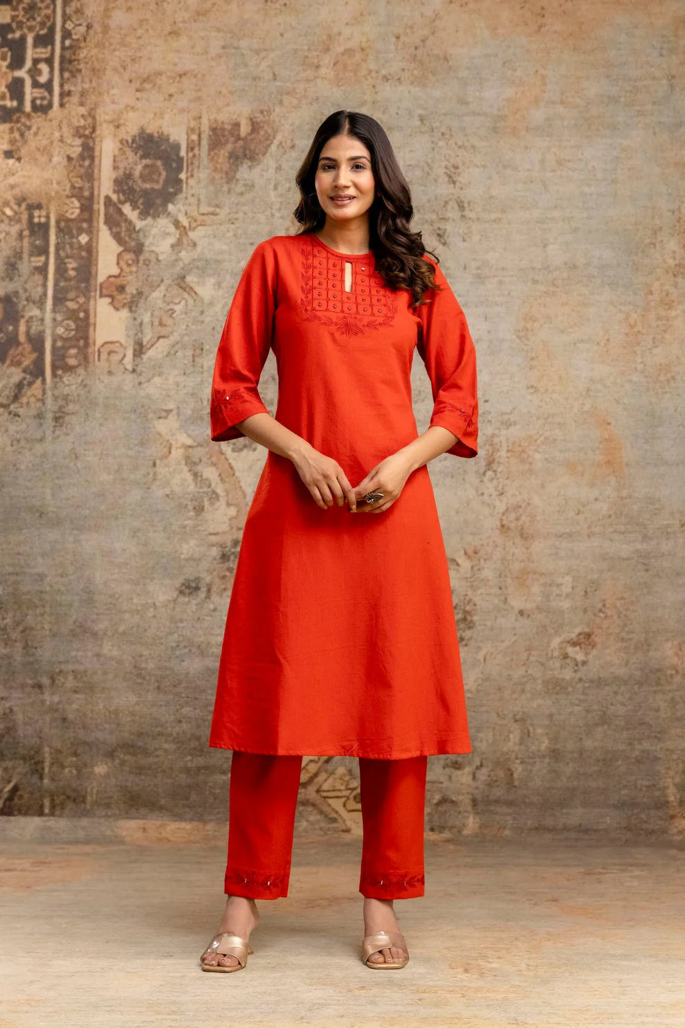 Rust Orange Embroidered Yoke Pure Cotton Kurta Set