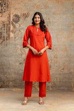 Rust Orange Embroidered Yoke Pure Cotton Kurta Set
