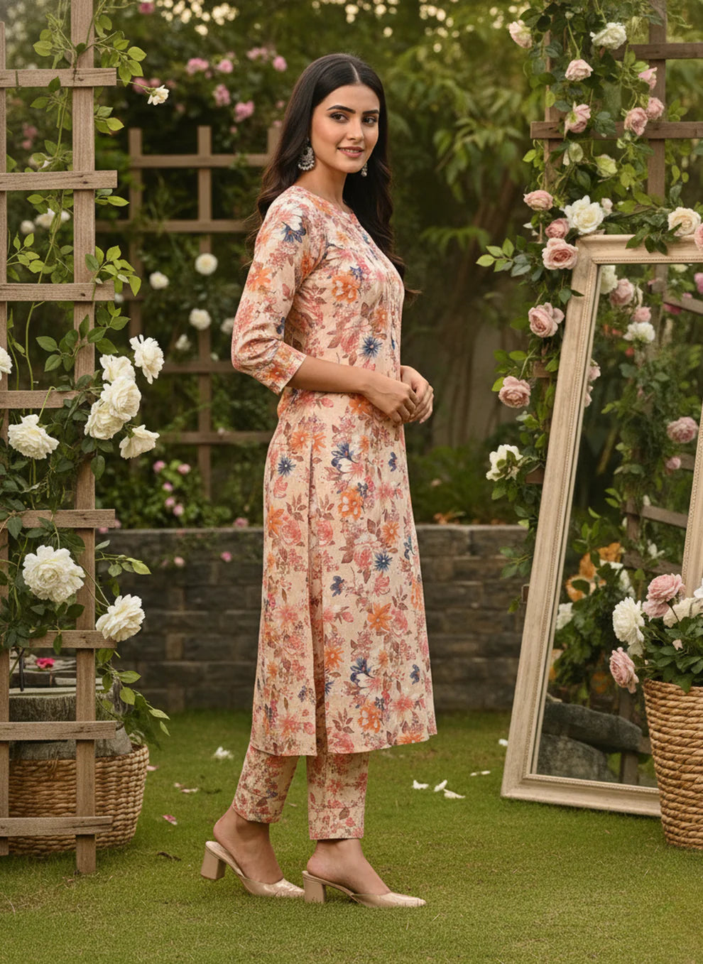 Peach Multicolour Floral Print Pure Cotton Straight Kurta & Pants Set with Self-Embroidery Detail