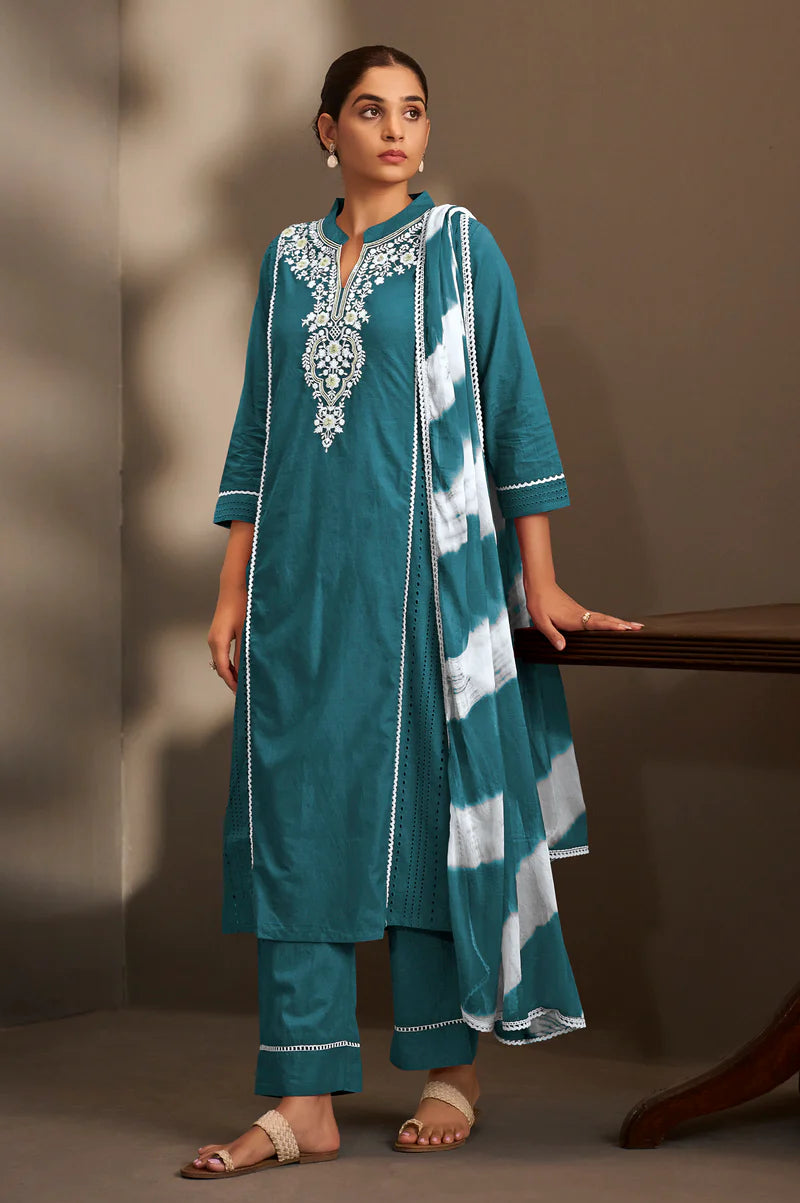 Rama Pure Cotton Schiffli Embroidered Straight Kurta Set with Cotton Pants & Najmin Chiffon Dupatta