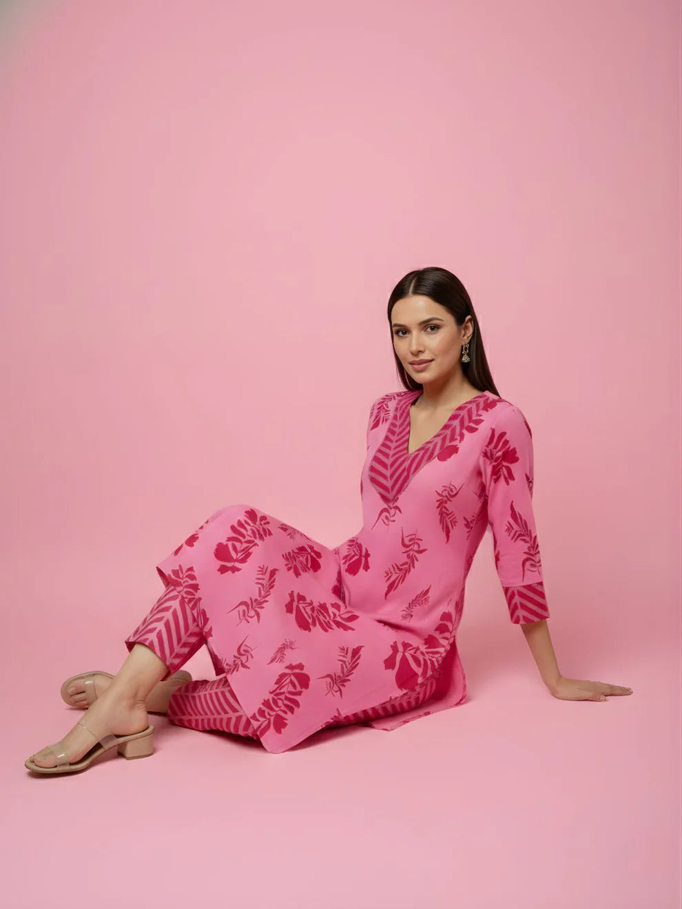 Baby Pink Tone-on-Tone Floral & Leaf Print Pure Cotton Straight Kurta & Striped Pants Set with Embroidered V-Yoke