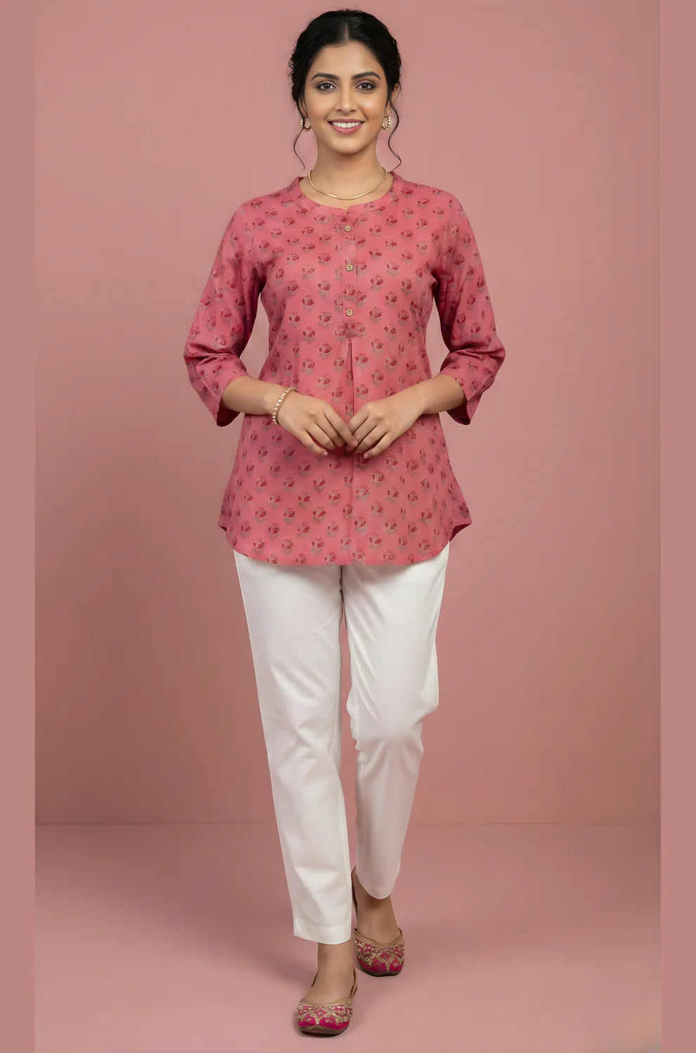Dusty Rose Pure Cotton Floral Booti Top with Front Pleat & Button Placket