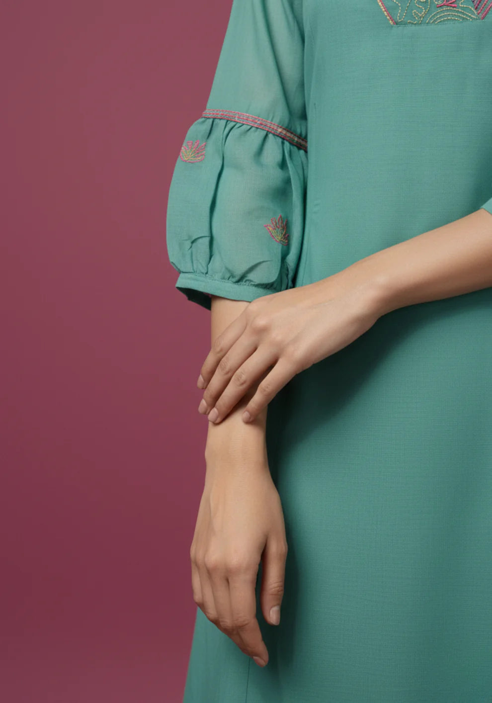 Sea Green Mul Chanderi Tiered Kurta & Pants Set with Embroidered Angrakha Yoke & Puff Sleeves