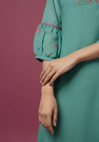 Sea Green Mul Chanderi Tiered Kurta & Pants Set with Embroidered Angrakha Yoke & Puff Sleeves
