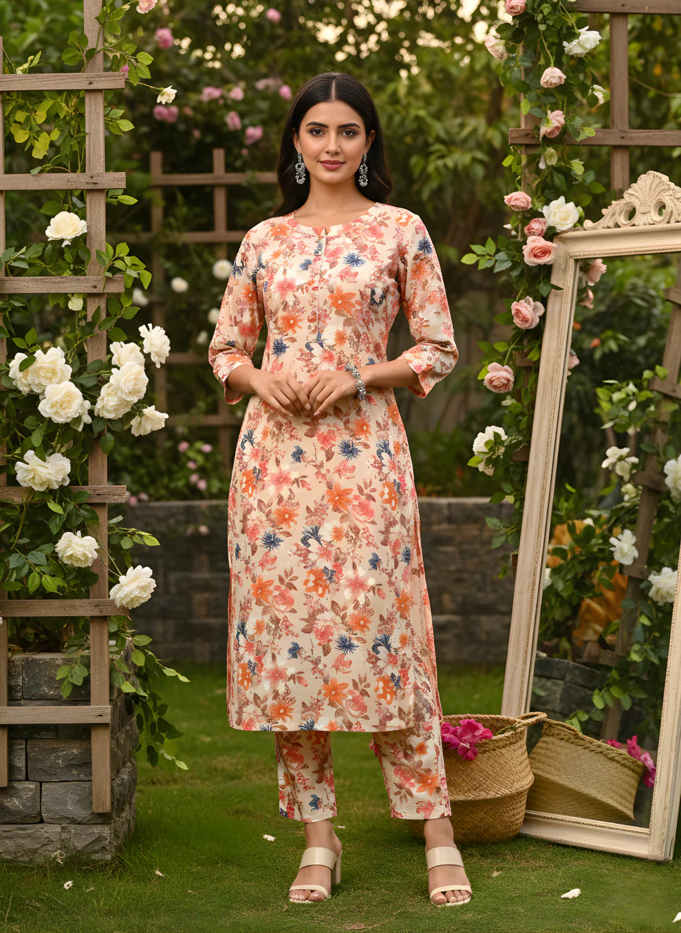 Peach Multicolour Floral Print Pure Cotton Straight Kurta & Pants Set with Self-Embroidery Detail