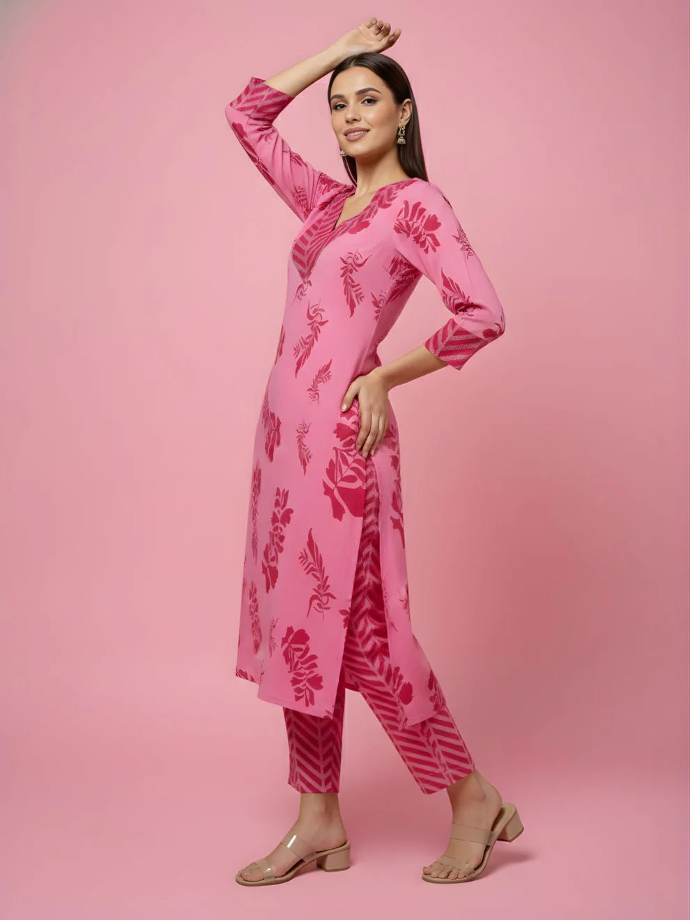 Baby Pink Tone-on-Tone Floral & Leaf Print Pure Cotton Straight Kurta & Striped Pants Set with Embroidered V-Yoke