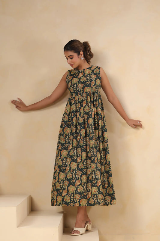 Dark Green Floral Printed Sleeveless Cotton Flare Dress for Women