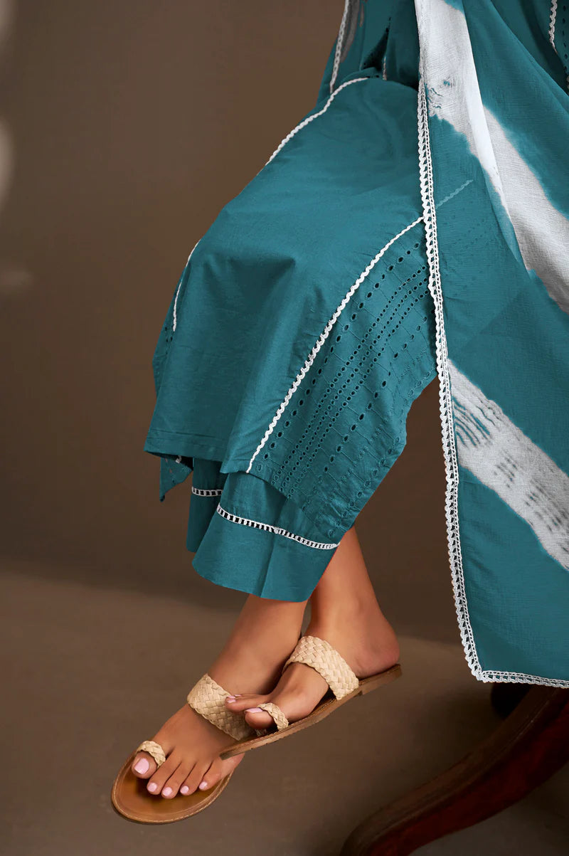 Rama Pure Cotton Schiffli Embroidered Straight Kurta Set with Cotton Pants & Najmin Chiffon Dupatta