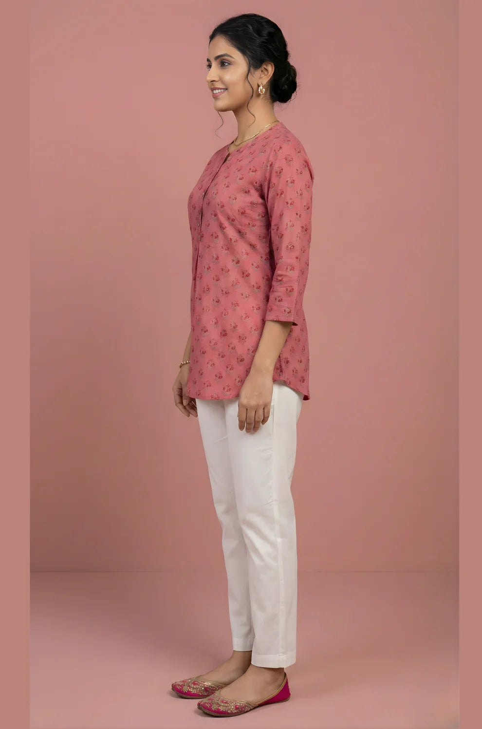 Dusty Rose Pure Cotton Floral Booti Top with Front Pleat & Button Placket