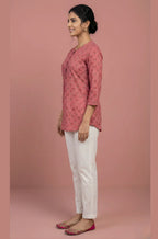 Dusty Rose Pure Cotton Floral Booti Top with Front Pleat & Button Placket