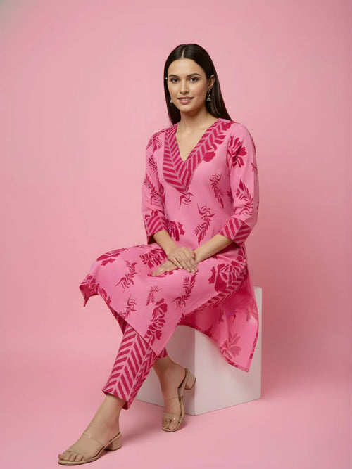Baby Pink Tone-on-Tone Floral & Leaf Print Pure Cotton Straight Kurta & Striped Pants Set with Embroidered V-Yoke