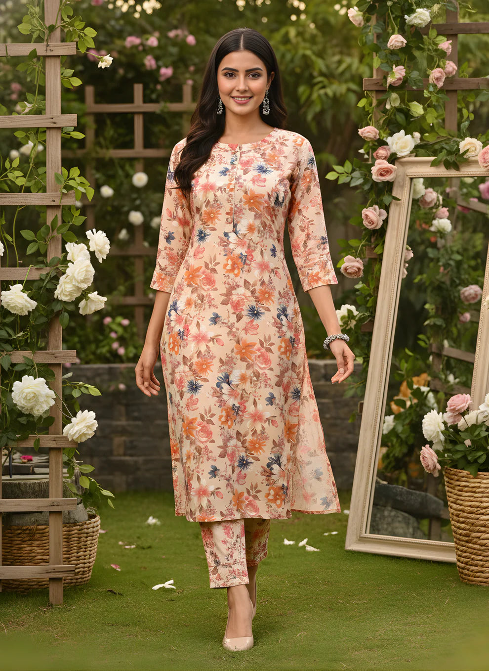 Peach Multicolour Floral Print Pure Cotton Straight Kurta & Pants Set with Self-Embroidery Detail