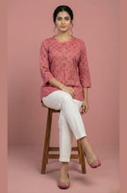 Dusty Rose Pure Cotton Floral Booti Top with Front Pleat & Button Placket
