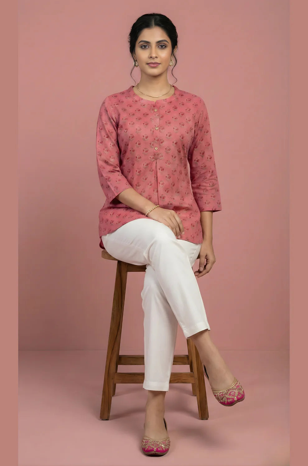 Dusty Rose Pure Cotton Floral Booti Top with Front Pleat & Button Placket