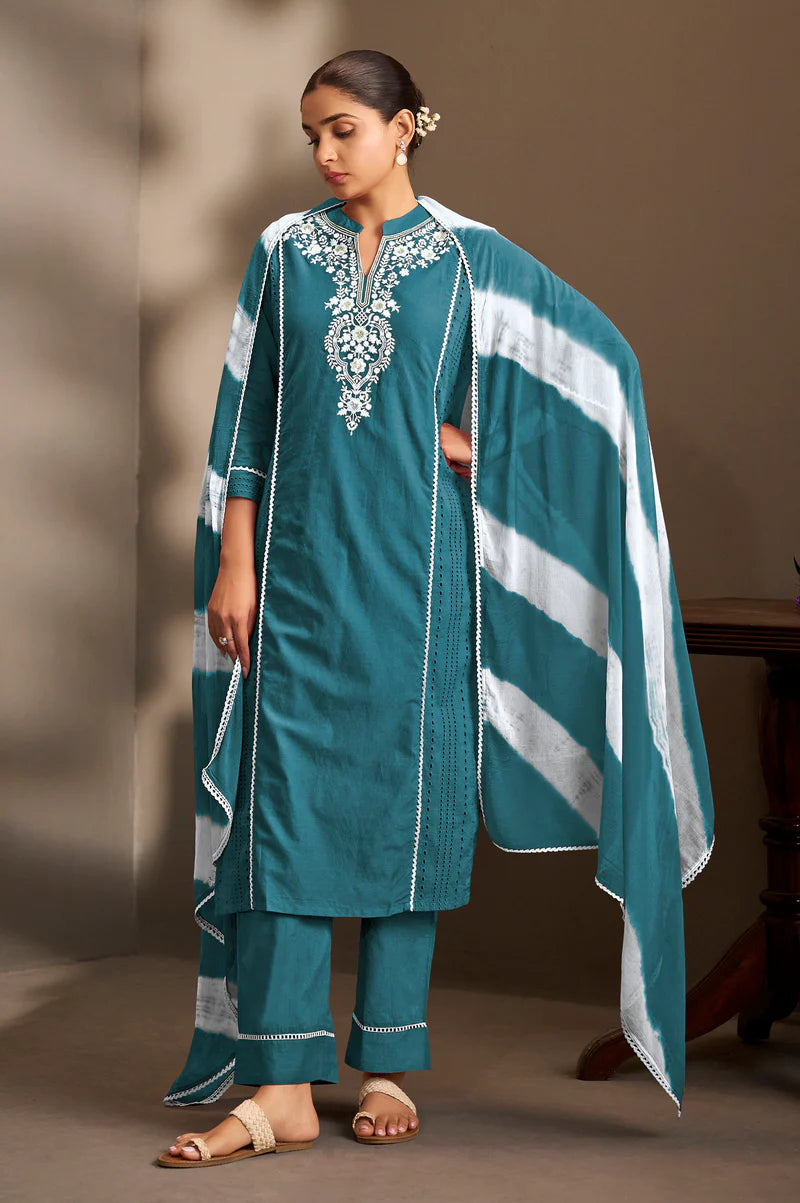 Rama Pure Cotton Schiffli Embroidered Straight Kurta Set with Cotton Pants & Najmin Chiffon Dupatta