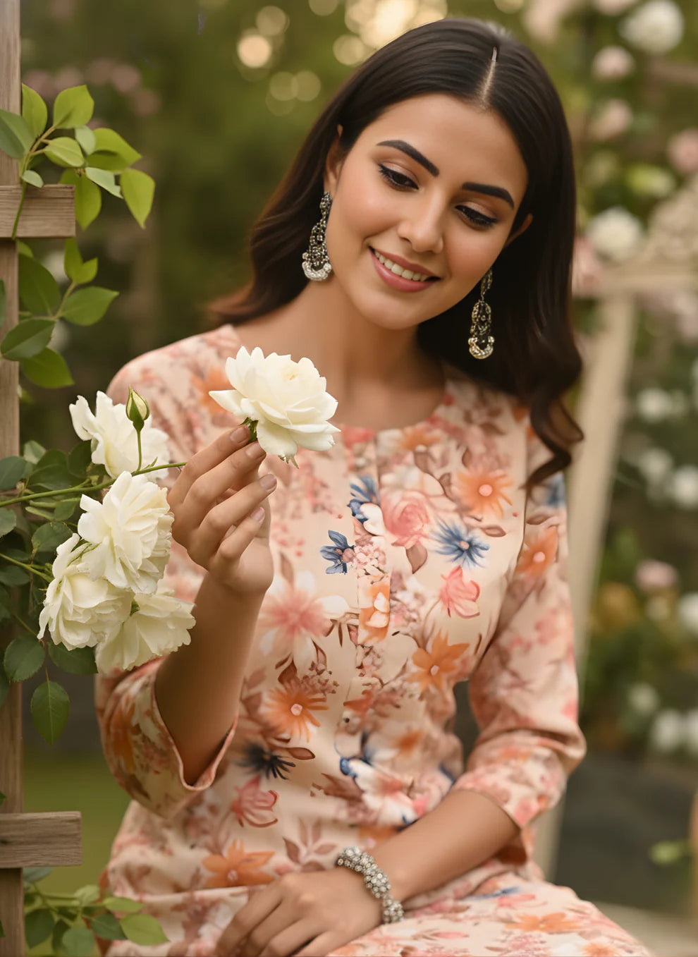 Peach Multicolour Floral Print Pure Cotton Straight Kurta & Pants Set with Self-Embroidery Detail