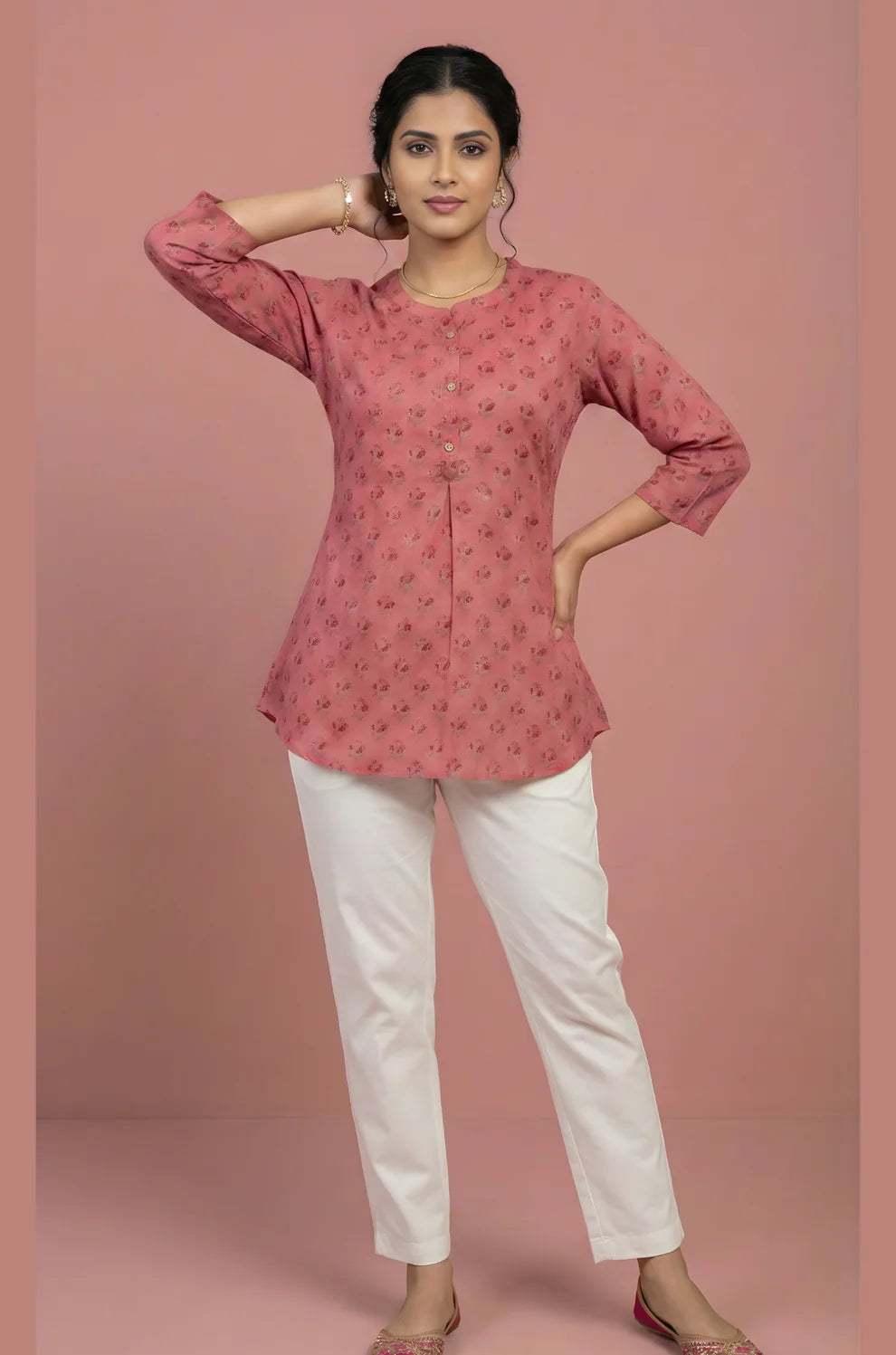 Dusty Rose Pure Cotton Floral Booti Top with Front Pleat & Button Placket