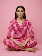 Baby Pink Tone-on-Tone Floral & Leaf Print Pure Cotton Straight Kurta & Striped Pants Set with Embroidered V-Yoke