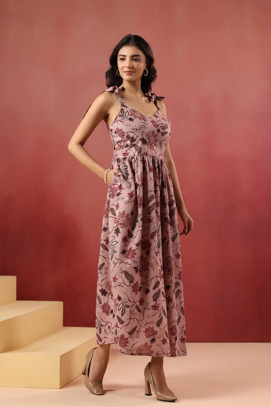 Dusty Pink Floral Printed Pure Cotton Maxi Dress — Shoulder Tie Straps | Elasticated Back