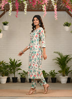 Ivory Floral Pure Cotton Self-Embroidered Kurta Set