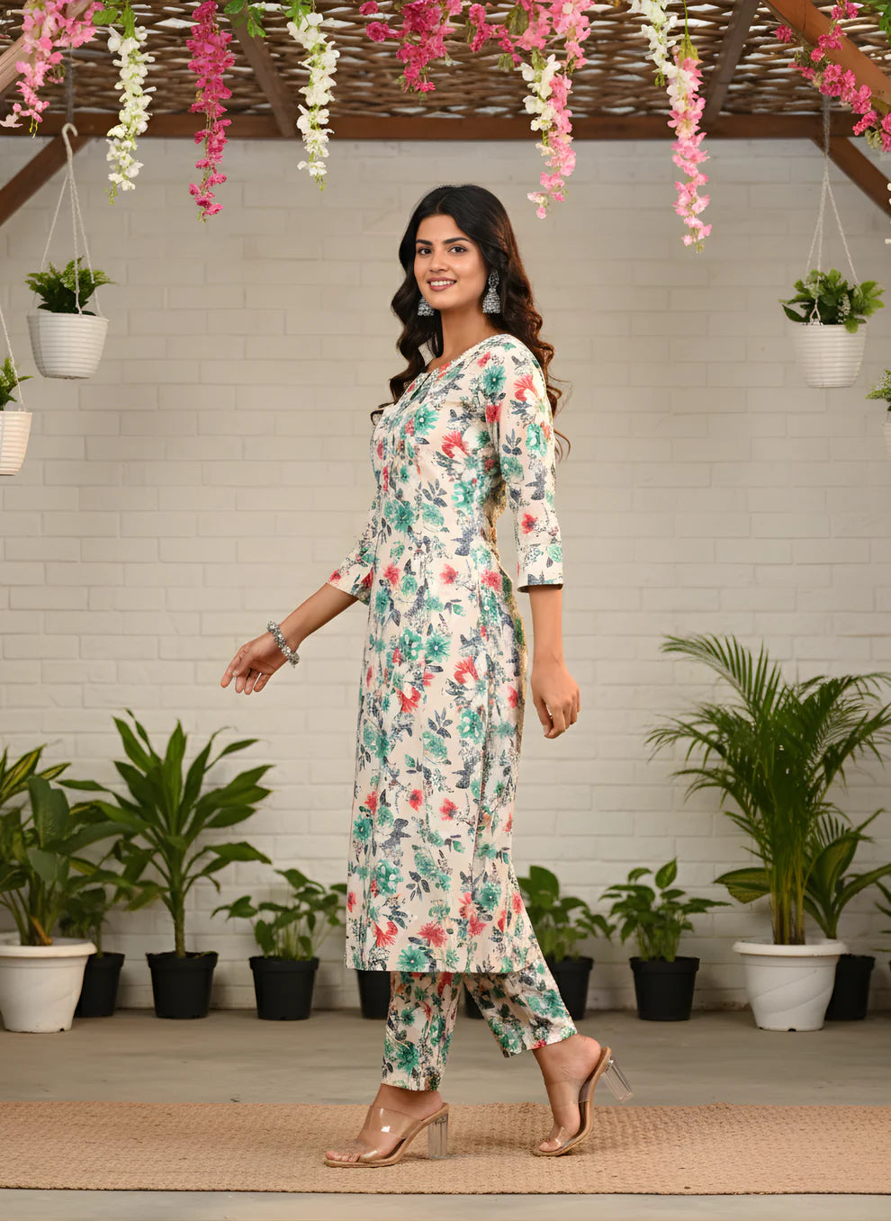 Ivory Floral Pure Cotton Self-Embroidered Kurta Set