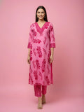 Baby Pink Tone-on-Tone Floral & Leaf Print Pure Cotton Straight Kurta & Striped Pants Set with Embroidered V-Yoke