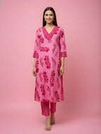 Baby Pink Tone-on-Tone Floral & Leaf Print Pure Cotton Straight Kurta & Striped Pants Set with Embroidered V-Yoke