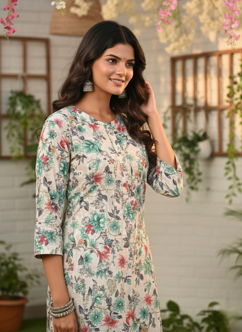 Ivory Floral Pure Cotton Self-Embroidered Kurta Set