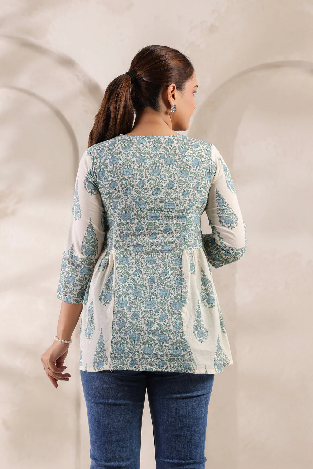Ivory Pure Cotton Jaipuri Floral Jaal Printed Peplum Top