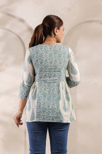 Ivory Pure Cotton Jaipuri Floral Jaal Printed Peplum Top