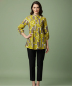 Aarohi Green Abstract Jaipuri Pure Cotton Gathered Top with Mandarin Neck & Three-Quarter Sleeves