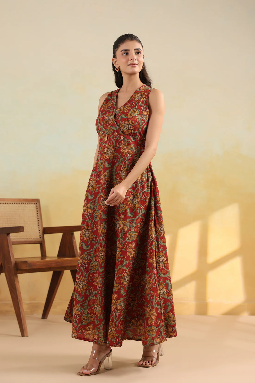 Women’s Pure Cotton Hand Block Printed Maxi Dress – Rust Red Floral