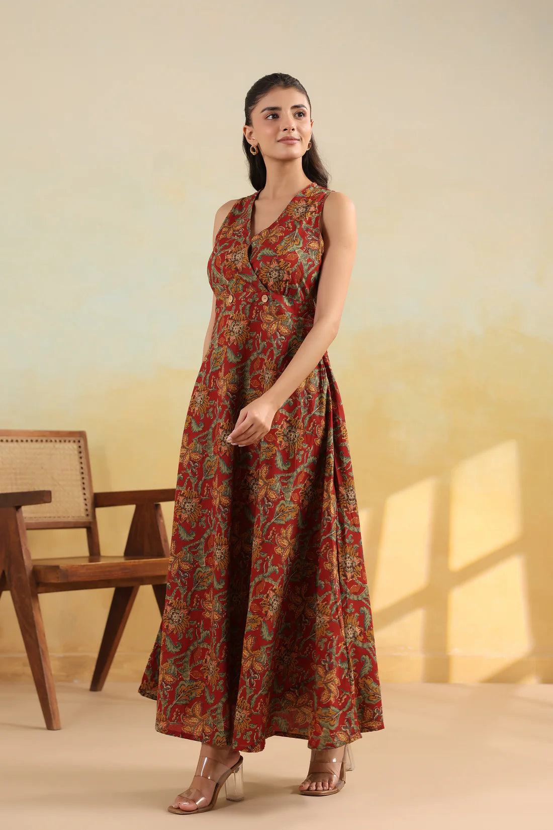 Women’s Pure Cotton Hand Block Printed Maxi Dress – Rust Red Floral