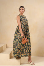 Dark Green Floral Printed Sleeveless Cotton Flare Dress for Women
