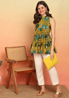 Pastle Yellow Geometric Printed Fit And Flare Cotton Stitched Tunic
