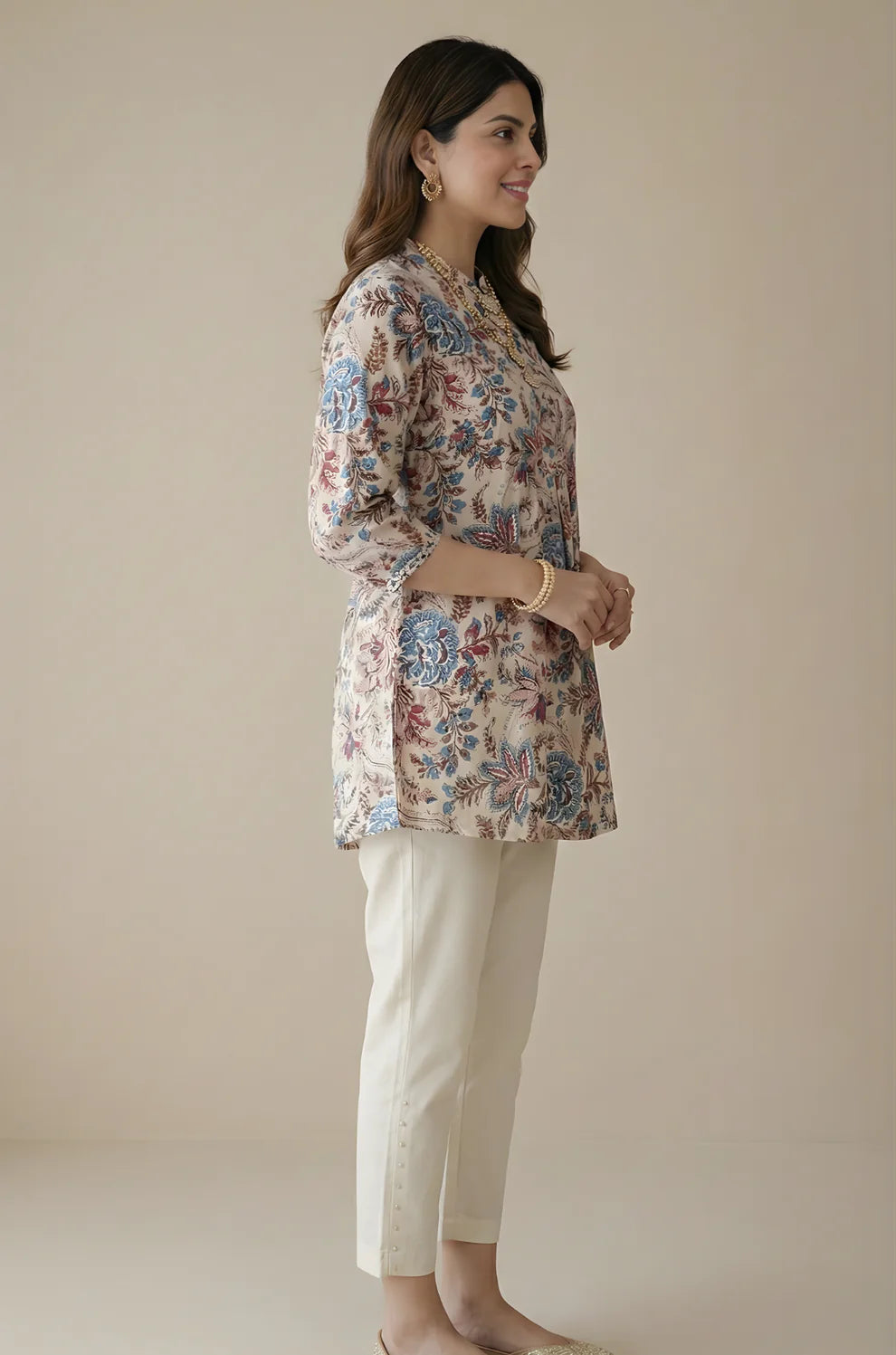 Ivory Pure Cotton Mughal Floral Printed Top