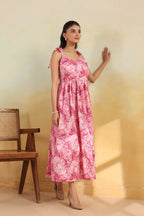 Pink Floral Printed Pure Cotton Maxi Dress — Shoulder Tie Straps | Elasticated Back