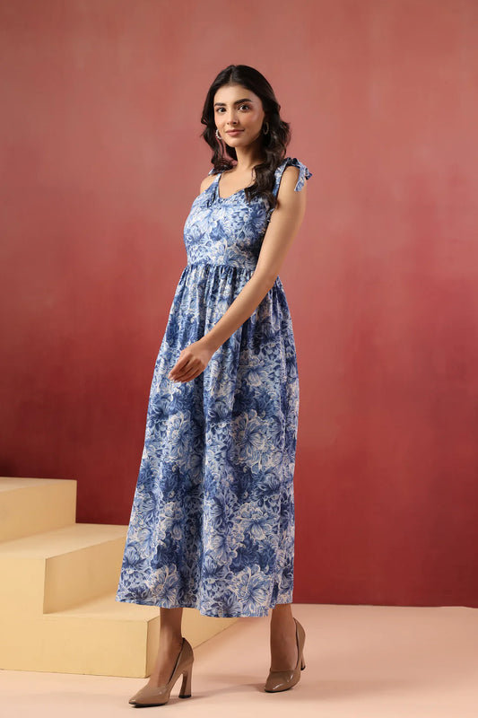 Blue Floral Printed Pure Cotton Maxi Dress — Shoulder Tie Straps