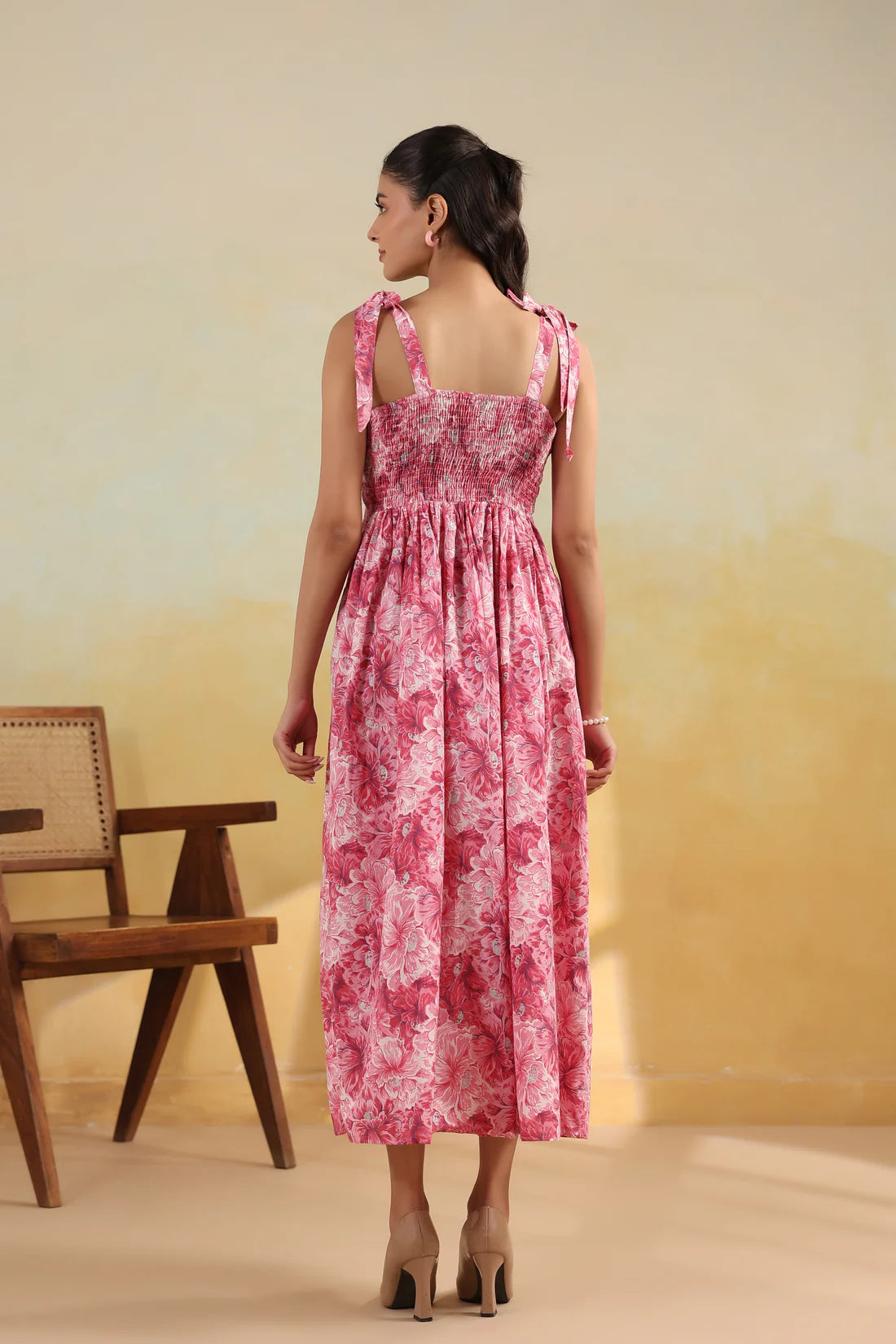 Pink Floral Printed Pure Cotton Maxi Dress — Shoulder Tie Straps | Elasticated Back