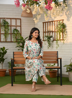 Ivory Floral Pure Cotton Self-Embroidered Kurta Set