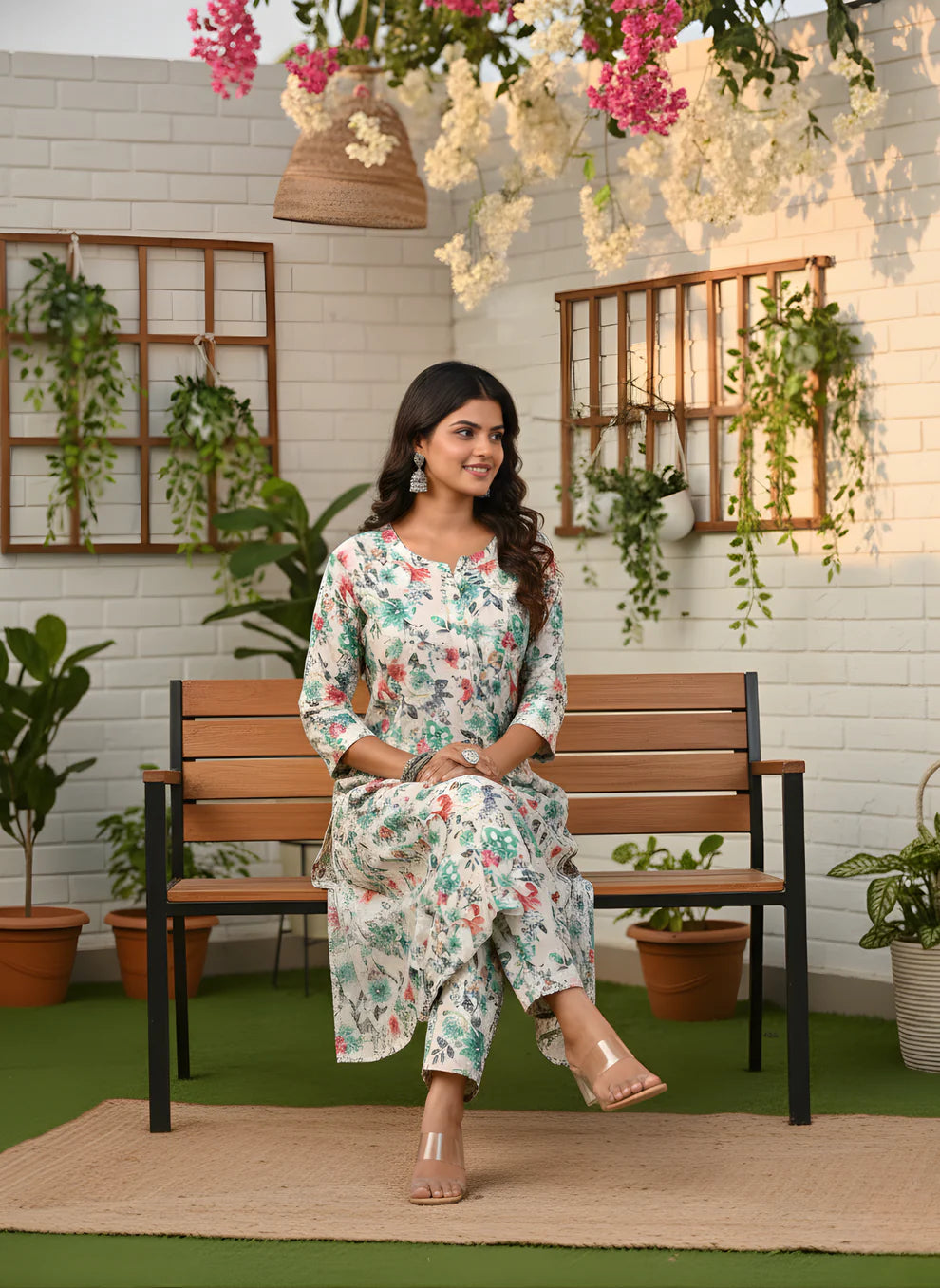 Ivory Floral Pure Cotton Self-Embroidered Kurta Set