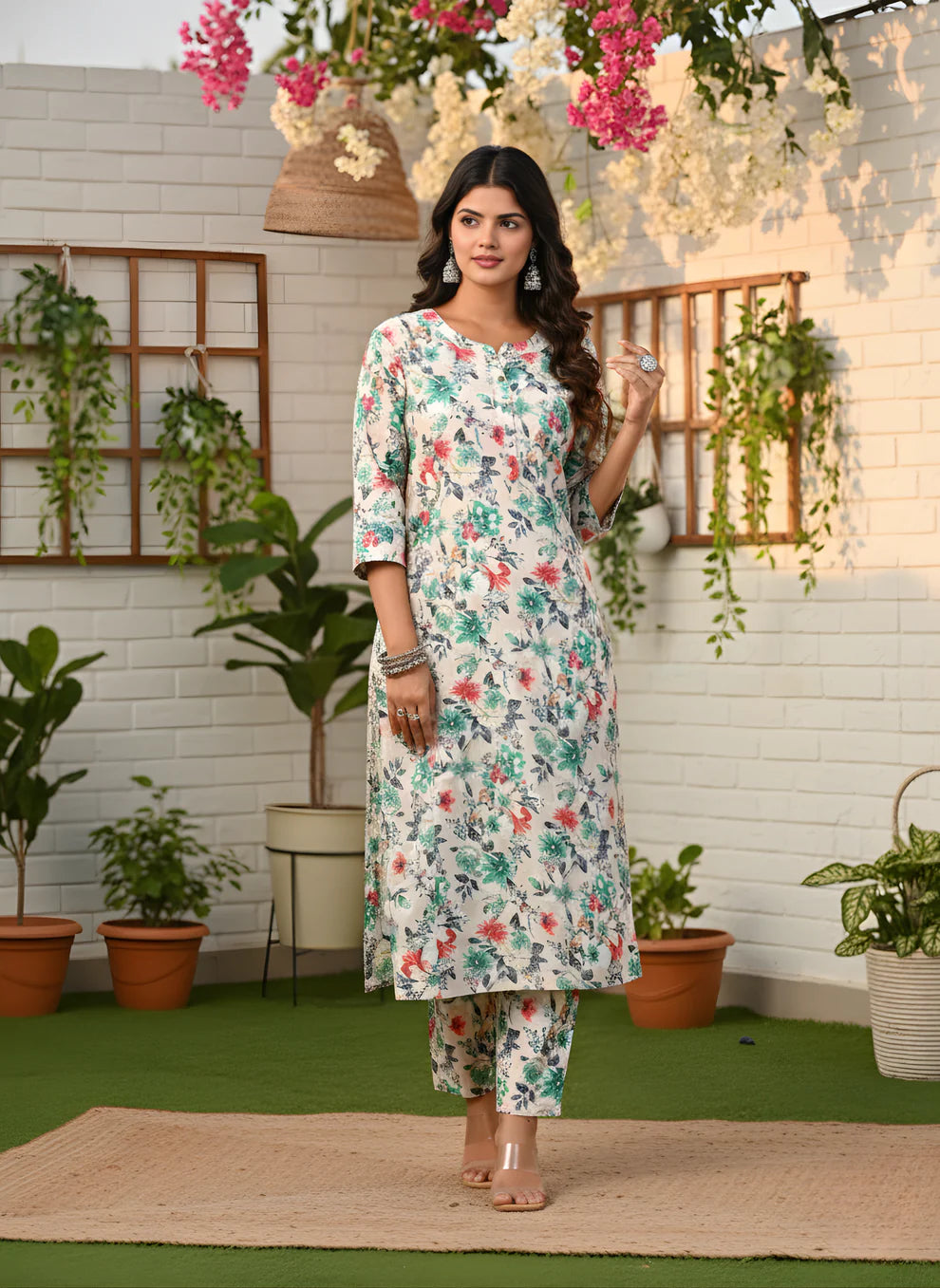 Ivory Floral Pure Cotton Self-Embroidered Kurta Set