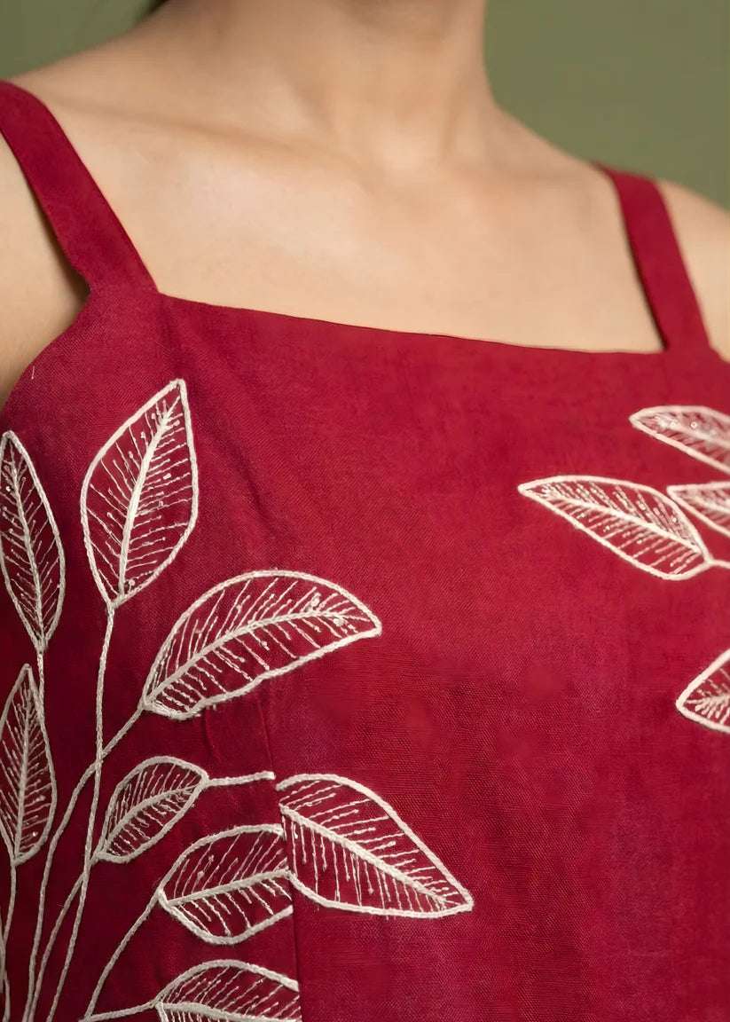 Maroon Cotton Midi Dress with White Leaf Embroidery – Square Neck, Spaghetti Straps