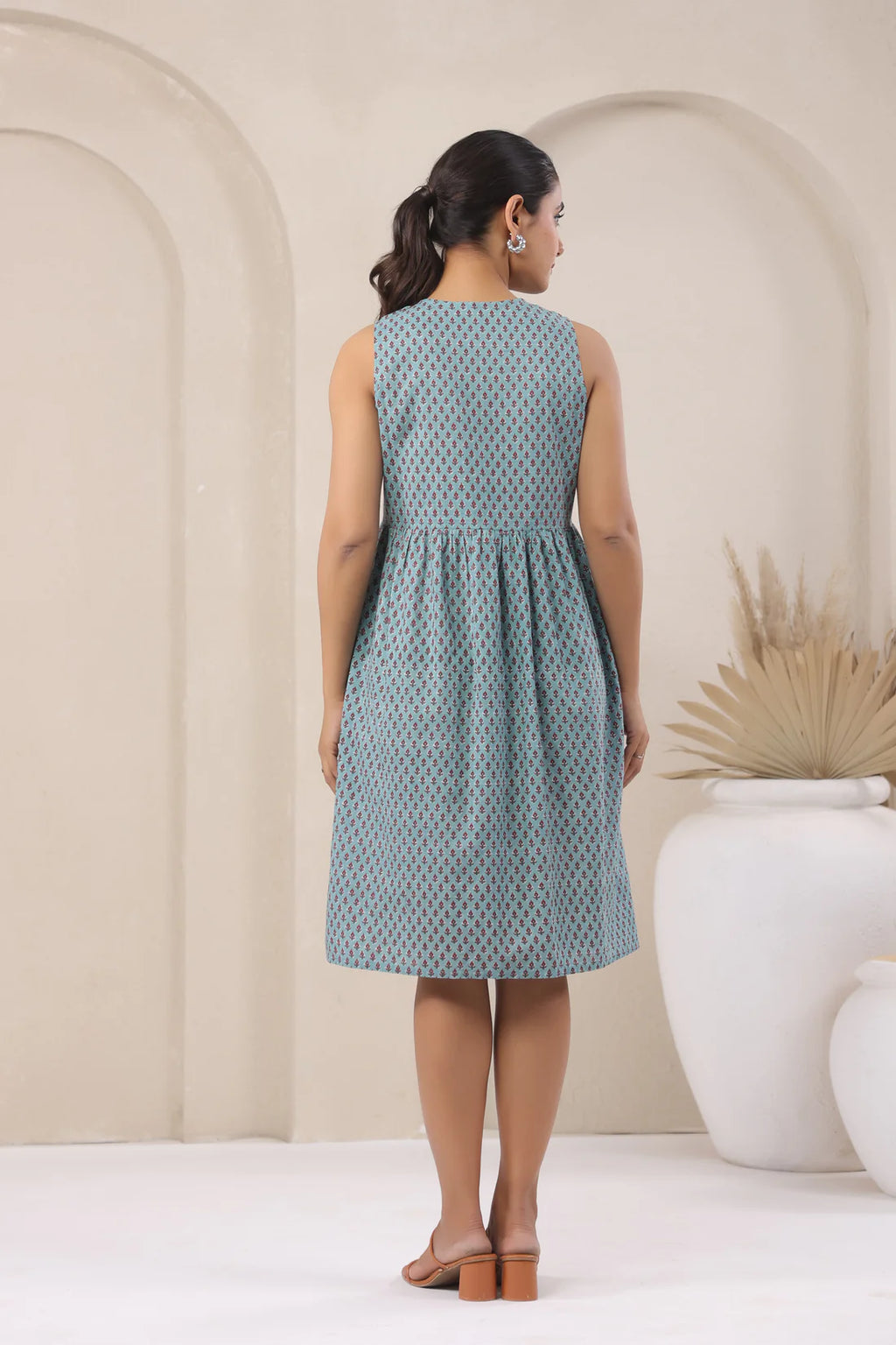 Printed Cotton Front Placket Midi Dress — Sleeveless, Everyday Comfort Fit