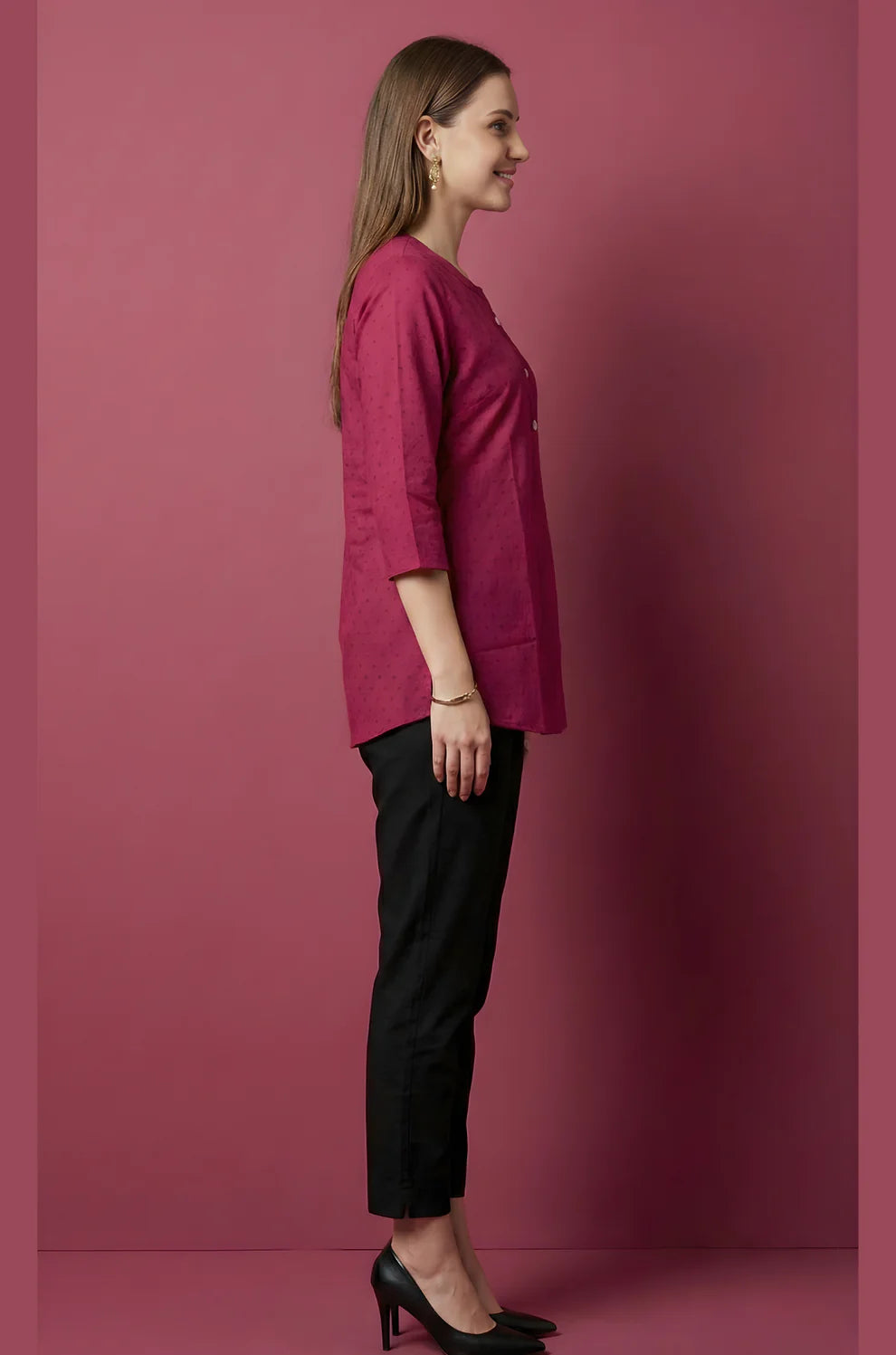 Magenta Pure Cotton Dobby Jaipur Top with Front Pleat & Button Detail