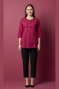 Magenta Pure Cotton Dobby Jaipur Top with Front Pleat & Button Detail